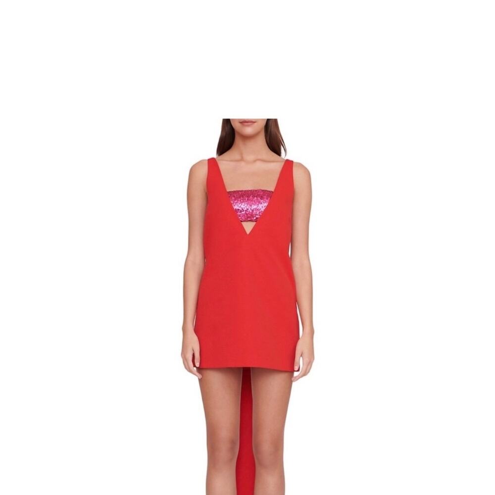 NWT Staud Iris V-neck Bow Mini Dress in Pointsettia Shocking Pink retailed $395